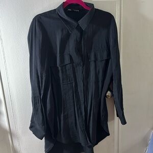 Zara size L black long button down shirt